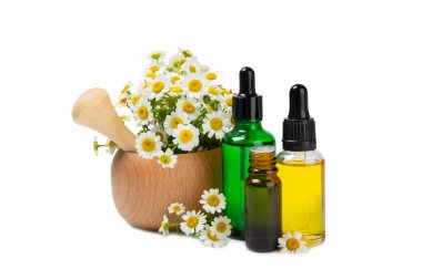 Beyaz arka planda izole edilmiş papatya yağı içeren cam şişe. Papatya çiçekleri, yaklaşın. Aromaterapi, spa ve bitkisel ilaç malzemeleri. Güzellik konsepti. Doğal Kozmetik