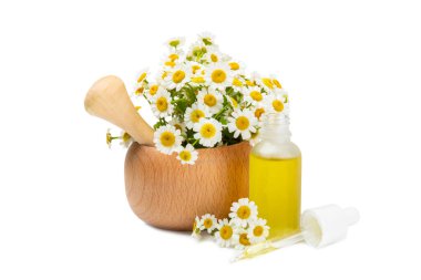 Beyaz arka planda izole edilmiş papatya yağı içeren cam şişe. Papatya çiçekleri, yaklaşın. Aromaterapi, spa ve bitkisel ilaç malzemeleri. Güzellik konsepti. Doğal Kozmetik