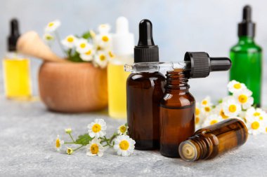 Eski ahşap arka planda papatya yağı bulunan cam şişe. Papatya çiçekleri, yaklaşın. Aromaterapi, spa ve bitkisel ilaç malzemeleri. Güzellik konsepti. Uzayı kopyala. Doğal Kozmetik