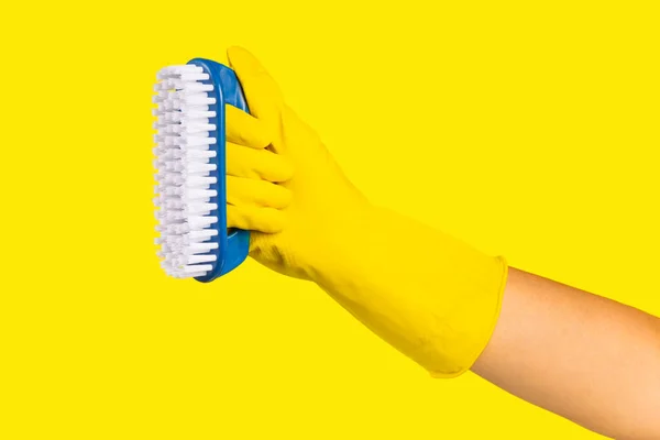 Brush for cleaning in hand. Women's hand cleaning on a colored background. Cleaning or housekeeping concepts.