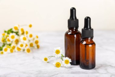 Eski ahşap arka planda papatya yağı bulunan cam şişe. Papatya çiçekleri, yaklaşın. Aromaterapi, spa ve bitkisel ilaç malzemeleri. Güzellik konsepti. Uzayı kopyala. Doğal Kozmetik