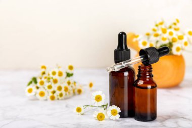 Eski ahşap arka planda papatya yağı bulunan cam şişe. Papatya çiçekleri, yaklaşın. Aromaterapi, spa ve bitkisel ilaç malzemeleri. Güzellik konsepti. Uzayı kopyala. Doğal Kozmetik