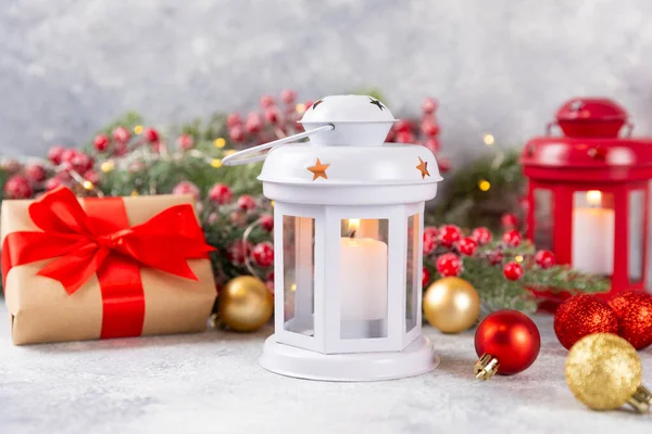 Linterna Navidad Con Rama Árbol Navidad Fondo Decoración Invierno Linterna —  Fotos de Stock