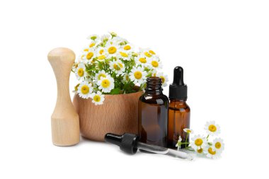 Beyaz arka planda izole edilmiş papatya yağı içeren cam şişe. Papatya çiçekleri, yaklaşın. Aromaterapi, spa ve bitkisel ilaç malzemeleri. Güzellik konsepti. Doğal Kozmetik