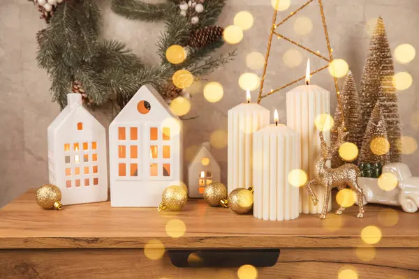 Weihnachtsdekoration Mit Kerze Auf Texturhintergrund Neujahrs Und Weihnachtskerzen Gemütliche Wohnkultur — Stockfoto