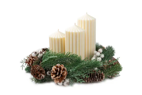 Christmas decoration with candle isolated on white background. New Year and Christmas candles. Home decor. Cozy candles. Present. Xmas candle Celebration. Vacation