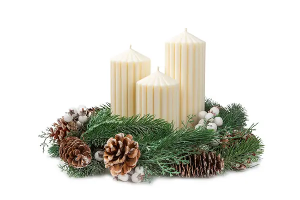 Vánoční Dekorace Svíčkou Izolované Bílém Pozadí Nový Rok Vánoční Svíčky — Stock fotografie