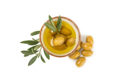 Bir kase taze zeytinyağı ve beyaz arka planda yapraklı zeytin. Cam kasede nefis zeytinyağı. Zeytin yağı şişesi.