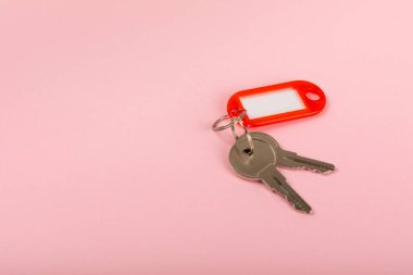 Farklı renklerde plastik anahtarlık ve parlak renkli arka planda imza için bir yer. Anahtarlığı olan bir sürü anahtar. Model anahtarlık. Kopya alanı. Emlak kiralama ve satma kavramı..