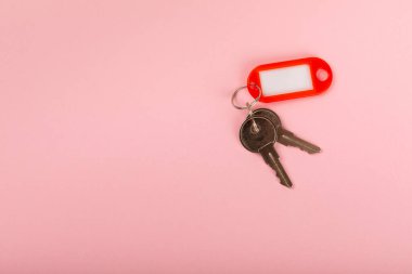Farklı renklerde plastik anahtarlık ve parlak renkli arka planda imza için bir yer. Anahtarlığı olan bir sürü anahtar. Model anahtarlık. Kopya alanı. Emlak kiralama ve satma kavramı..