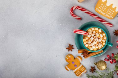 Şekerlemeli sıcak içecek ve şeker kamışı bir dokuma masasında. Sıcak mevsimlik tatiller. Zencefilli Noel kurabiyeleriyle sıcak kakao. Şekerlemeli ve baharatlı sıcak çikolata..