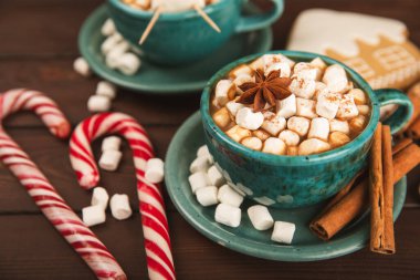 Şekerlemeli sıcak içecek ve şeker kamışı bir dokuma masasında. Sıcak mevsimlik tatiller. Zencefilli Noel kurabiyeleriyle sıcak kakao. Şekerlemeli ve baharatlı sıcak çikolata..