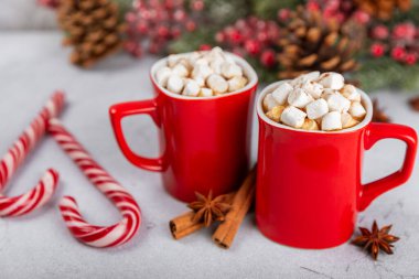 Marşmelovlu sıcak içecek ve kırmızı bir bardakta şeker kamışı. Sıcak mevsimlik tatiller. Zencefilli Noel kurabiyeli sıcak çikolata. Şekerlemeli sıcak çikolata..
