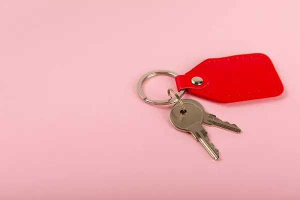 Kožené Klíče Kroužkem Klíče Růžovém Pozadí Koncepce Nemovitostí Stěhování Domů — Stock fotografie