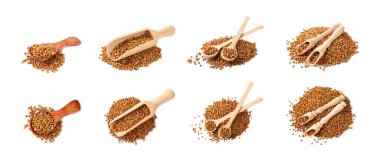 Tahta kaşıklarda karabuğday. Beyaz arka planda karabuğday taneleri izole edilmiş. Sağlıklı yiyecekler. Yulaf. Diyet olsun. Organik tahıl