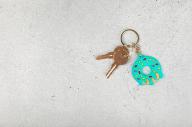 Donut şekilli anahtarlık ve renkli bir arka planda anahtarlık. Gayrimenkul ve eve taşınma ya da mülk kiralama kavramları. Mülk almak. Model anahtarlık. Boşluğu kopyala.