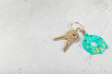Donut şekilli anahtarlık ve renkli bir arka planda anahtarlık. Gayrimenkul ve eve taşınma ya da mülk kiralama kavramları. Mülk almak. Model anahtarlık. Boşluğu kopyala.