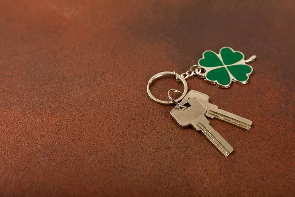 Clover keychain with key ring  on a colored background. Concepts for real estate and moving home or renting property. Buying a property. Mock-up keychain.Copy space.