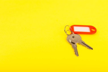 Farklı renklerde plastik anahtarlık ve parlak renkli arka planda imza için bir yer. Anahtarlığı olan bir sürü anahtar. Model anahtarlık. Kopya alanı. Emlak kiralama ve satma kavramı..