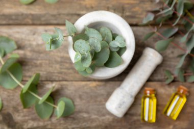 Tahta zeminde okaliptüs yaprakları ve harç. Alternatif tıp ve doğal kozmetik ürünleri için spa konsepti. Bir şişe gerekli yağ ve bir demet okaliptüs. Organik cilt bakımı 
