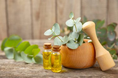 Tahta zeminde okaliptüs yaprakları ve harç. Alternatif tıp ve doğal kozmetik ürünleri için spa konsepti. Bir şişe gerekli yağ ve bir demet okaliptüs. Organik cilt bakımı 