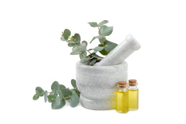 Okaliptüs yaprakları ve havan topu beyaz arka planda izole edildi. Spa konsepti. Alternatif tıp ve doğal kozmetik malzemeleri. Bir şişe gerekli yağ ve bir demet okaliptüs. Organik cilt bakımı