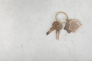 Arka planda anahtarlık olan ev şeklinde anahtarlık. Gayrimenkul ve eve taşınma ya da mülk kiralama kavramları. Mülk almak. Model anahtarlık evi şekillendirildi. Boşluğu kopyala.