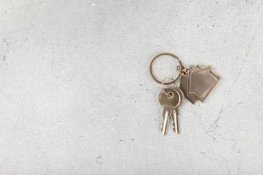 Arka planda anahtarlık olan ev şeklinde anahtarlık. Gayrimenkul ve eve taşınma ya da mülk kiralama kavramları. Mülk almak. Model anahtarlık evi şekillendirildi. Boşluğu kopyala.