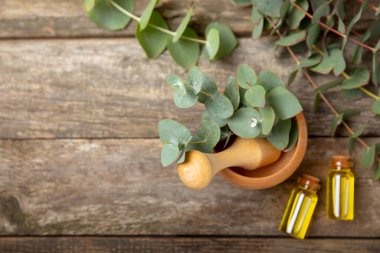 Tahta zeminde okaliptüs yaprakları ve harç. Alternatif tıp ve doğal kozmetik ürünleri için spa konsepti. Bir şişe gerekli yağ ve bir demet okaliptüs. Organik cilt bakımı 