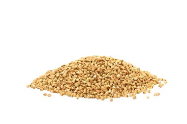 Beyaz arka planda yeşil karabuğday izole edilmiş. Süper yemek. Çiğ karabuğday lapası. Sağlıklı vejetaryen yiyecekler, ekolojik ürünler, diyet, organik.