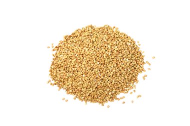 Beyaz arka planda yeşil karabuğday izole edilmiş. Süper yemek. Çiğ karabuğday lapası. Sağlıklı vejetaryen yiyecekler, ekolojik ürünler, diyet, organik.