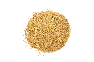 Beyaz arka planda yeşil karabuğday izole edilmiş. Süper yemek. Çiğ karabuğday lapası. Sağlıklı vejetaryen yiyecekler, ekolojik ürünler, diyet, organik.