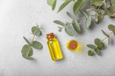 Okaliptüs, ahşap kaplamalı yeşil okaliptüs yapraklı cam bir şişede gerekli yağdır. Aromaterapi konsepti. Spa mı? Kozmetik ve vücut bakımı için doğal organik malzemeler.