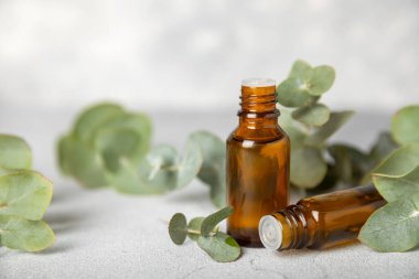 Okaliptüs, ahşap kaplamalı yeşil okaliptüs yapraklı cam bir şişede gerekli yağdır. Aromaterapi konsepti. Spa mı? Kozmetik ve vücut bakımı için doğal organik malzemeler.