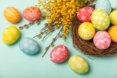 Yuvasında parlak bir turkuaz arka planda mimoza çiçekleri olan Paskalya yumurtaları. Paskalya kutlaması. El yapımı renkli Paskalya yumurtaları. Mesaj için yer. Boşluğu kopyala.