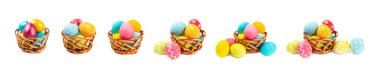 Beyaz arka planda izole edilmiş renkli yumurtalarla dolu Paskalya sepeti. Paskalya kutlaması. Renkli el yapımı Paskalya yumurtaları..