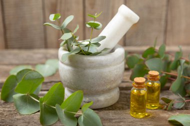 Tahta zeminde okaliptüs yaprakları ve harç. Alternatif tıp ve doğal kozmetik ürünleri için spa konsepti. Bir şişe gerekli yağ ve bir demet okaliptüs. Organik cilt bakımı 