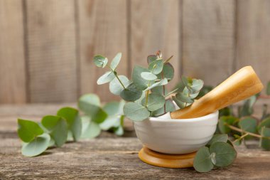 Tahta zeminde okaliptüs yaprakları ve harç. Alternatif tıp ve doğal kozmetik ürünleri için spa konsepti. Bir şişe gerekli yağ ve bir demet okaliptüs. Organik cilt bakımı 