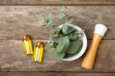 Tahta zeminde okaliptüs yaprakları ve harç. Alternatif tıp ve doğal kozmetik ürünleri için spa konsepti. Bir şişe gerekli yağ ve bir demet okaliptüs. Organik cilt bakımı 