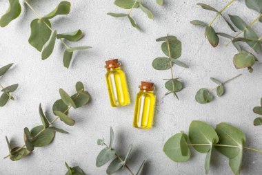 Okaliptüs, ahşap kaplamalı yeşil okaliptüs yapraklı cam bir şişede gerekli yağdır. Aromaterapi konsepti. Spa mı? Kozmetik ve vücut bakımı için doğal organik malzemeler.