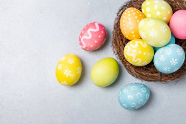 Yuvasında parlak bir arka planda mimoza çiçekleri olan Paskalya yumurtaları. Paskalya kutlaması. El yapımı renkli Paskalya yumurtaları. Mesaj için yer. Boşluğu kopyala.