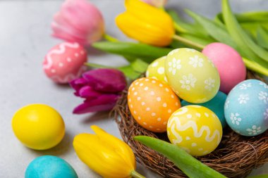 Yuvasında parlak bir arka planda mimoza çiçekleri olan Paskalya yumurtaları. Paskalya kutlaması. El yapımı renkli Paskalya yumurtaları. Mesaj için yer. Boşluğu kopyala.