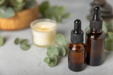 Okaliptüs, ahşap kaplamalı yeşil okaliptüs yapraklı cam bir şişede gerekli yağdır. Aromaterapi konsepti. Spa mı? Kozmetik ve vücut bakımı için doğal organik malzemeler.