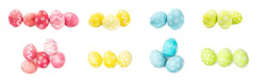 Paskalya yumurtaları beyaz arka planda izole edilmiş. El yapımı renkli Paskalya yumurtaları. Paskalya kutlaması kavramı.