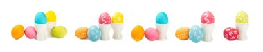Paskalya yumurtaları beyaz arka planda izole edilmiş. Paskalya tatili konsepti. El yapımı parlak Paskalya yumurtaları. İnci yumurtaların anası..