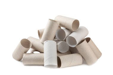 Boş tuvalet kağıdı rulosu. Tuvalet için boş tuvalet kağıdı ruloları, beyaz arka planda izole edilmiş. Tuvalet kağıdı tüpü..