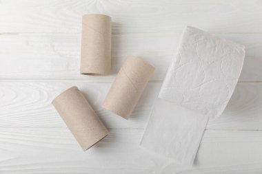 Boş tuvalet kağıdı rulosu. Beyaz arka planda tuvalet kağıdı ruloları. Tuvalet kağıdı tüpü. Mesaj için yer. Uzayı kopyala Düz yatıyordu. Çevre dostu yeniden kullanım geri dönüşümü