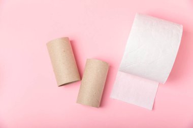 Boş tuvalet kağıdı rulosu. Pembe arka plan için boş tuvalet kağıdı ruloları. Tuvalet kağıdı tüpü. Mesaj için yer. Uzayı kopyala Düz yatıyordu. Çevre dostu yeniden kullanım geri dönüşümü