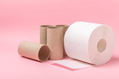 Boş tuvalet kağıdı rulosu. Pembe arka plan için boş tuvalet kağıdı ruloları. Tuvalet kağıdı tüpü. Mesaj için yer. Uzayı kopyala Düz yatıyordu. Çevre dostu yeniden kullanım geri dönüşümü