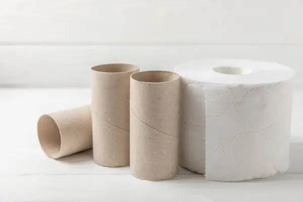 Empty toilet paper roll. Rolls of toilet paper on a white background. Paper tube of toilet paper. Place for text. Copy space. Flat lay. Eco-friendly reuse recycle